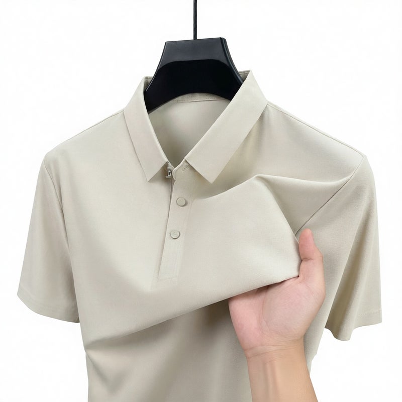 Men's Ice Silk Short Sleeve Polo Shirt Seamless Turtleback Press Bond Elastic Turn-Down Collar Summer Thin Fit - Image 1