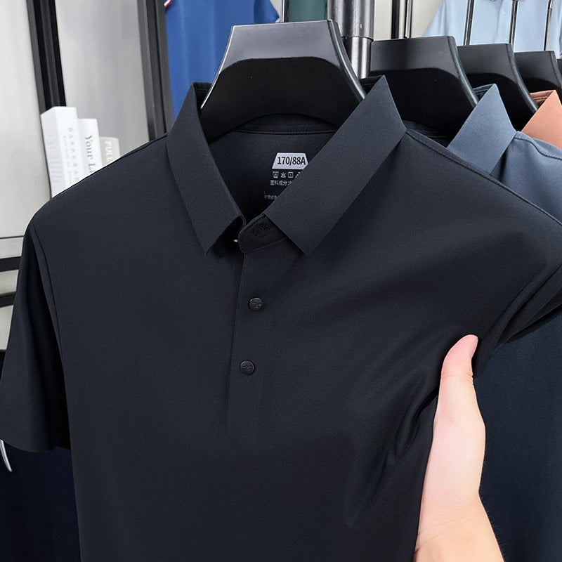 Men's Ice Silk Short Sleeve Polo Shirt Seamless Turtleback Press Bond Elastic Turn-Down Collar Summer Thin Fit - Image 2