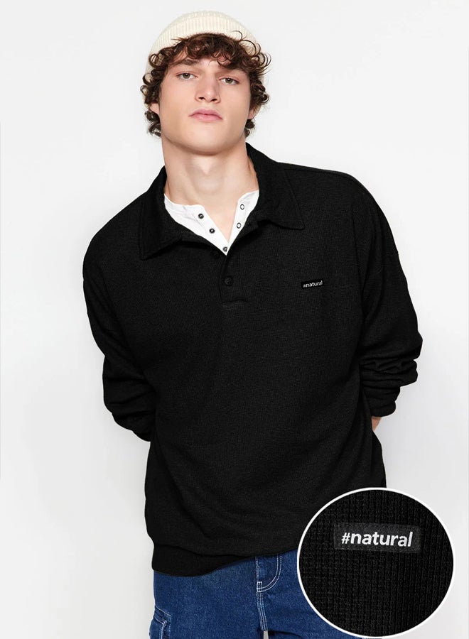 trendyol Black Oversize/Wide Cut Labeled Textured Polo Collar Non-raised Sweatshirt - Image 1