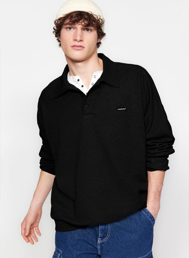 trendyol Black Oversize/Wide Cut Labeled Textured Polo Collar Non-raised Sweatshirt - Image 3