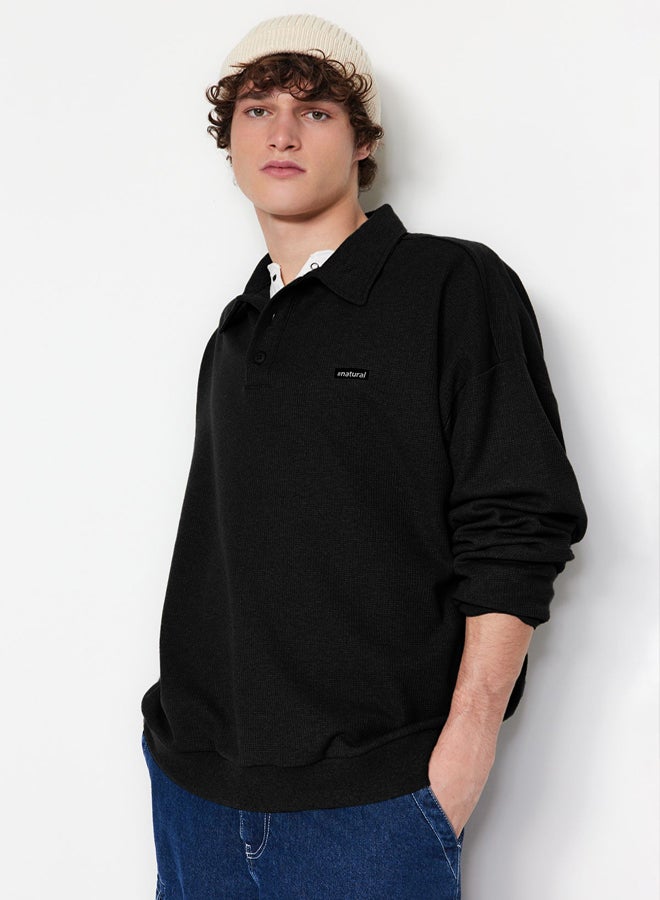 trendyol Black Oversize/Wide Cut Labeled Textured Polo Collar Non-raised Sweatshirt - Image 4