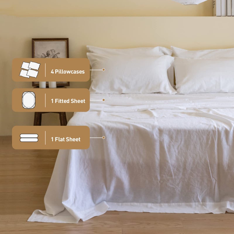 Simple&Opulence Belgian Linen Sheet Set Solid Color - 6 Pieces (1 Flat Sheet & 1 Fitted Sheet & 4 Pillowcases) 16" Deep Pocket Natural Flax Cotton Blended Soft Bedding - White, King Size - Image 4