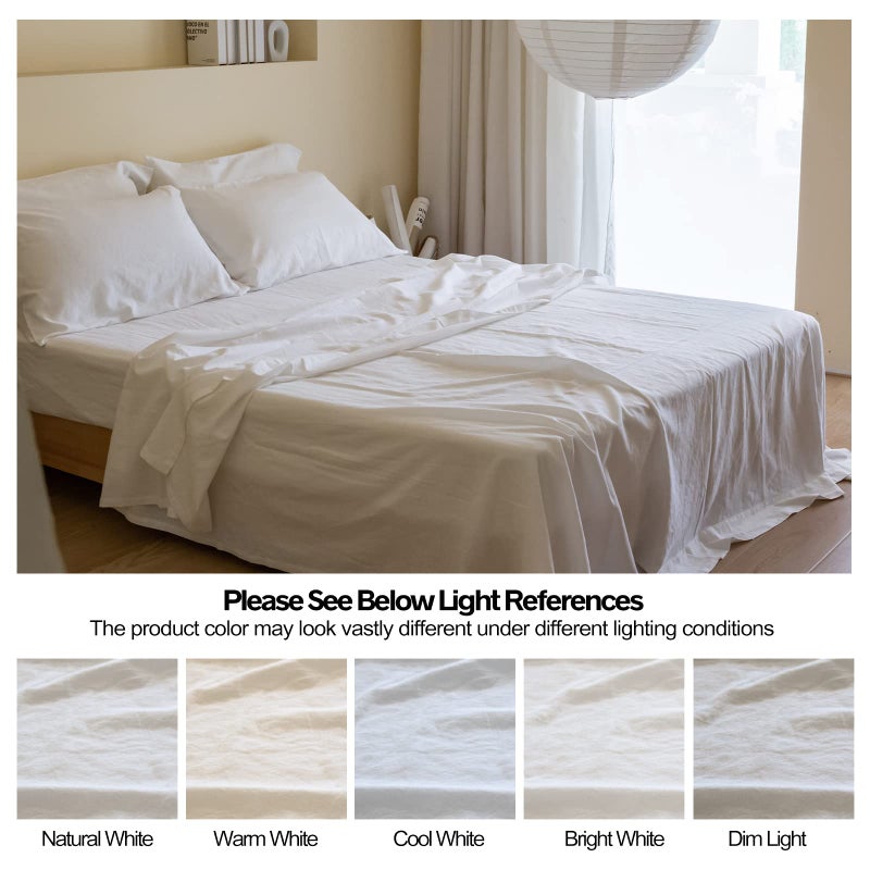 Simple&Opulence Belgian Linen Sheet Set Solid Color - 6 Pieces (1 Flat Sheet & 1 Fitted Sheet & 4 Pillowcases) 16" Deep Pocket Natural Flax Cotton Blended Soft Bedding - White, King Size - Image 5