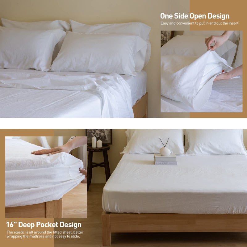 Simple&Opulence Belgian Linen Sheet Set Solid Color - 6 Pieces (1 Flat Sheet & 1 Fitted Sheet & 4 Pillowcases) 16" Deep Pocket Natural Flax Cotton Blended Soft Bedding - White, King Size - Image 3