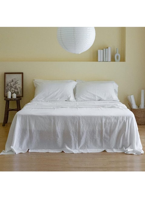 Simple&Opulence Belgian Linen Sheet Set Solid Color - 6 Pieces (1 Flat Sheet & 1 Fitted Sheet & 4 Pillowcases) 16" Deep Pocket Natural Flax Cotton Blended Soft Bedding - White, King Size