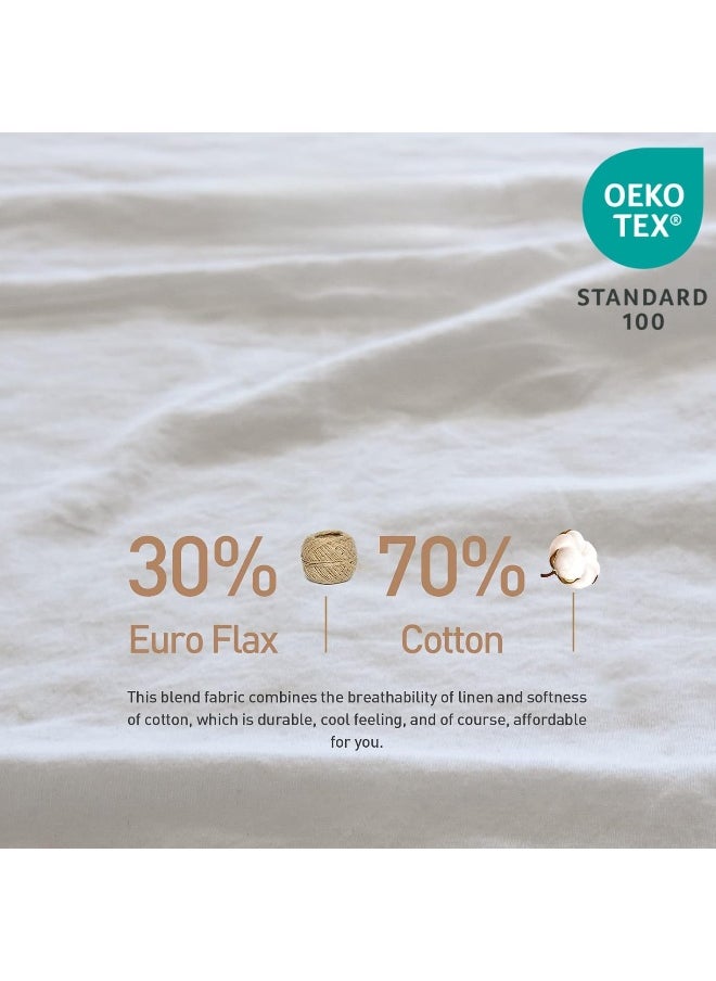Simple&Opulence Simple&Opulence Belgian Linen Sheet Set Solid Color - 6 Pieces (1 Flat Sheet & 1 Fitted Sheet & 4 Pillowcases) 16" Deep Pocket Natural Flax Cotton Blended Soft Bedding - White, King Size  - Image 2