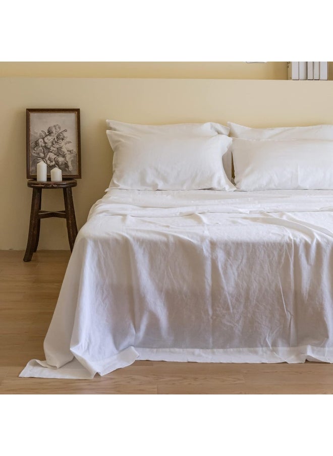 Simple&Opulence Belgian Linen Sheet Set Solid Color - 6 Pieces (1 Flat Sheet & 1 Fitted Sheet & 4 Pillowcases) 16" Deep Pocket Natural Flax Cotton Blended Soft Bedding - White, King Size