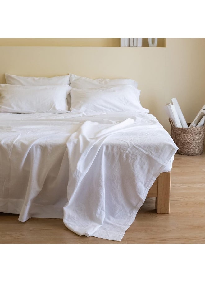 Simple&Opulence Belgian Linen Sheet Set Solid Color - 6 Pieces (1 Flat Sheet & 1 Fitted Sheet & 4 Pillowcases) 16" Deep Pocket Natural Flax Cotton Blended Soft Bedding - White, King Size