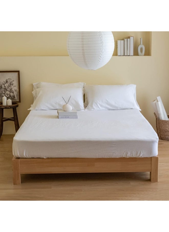 Simple&Opulence Belgian Linen Sheet Set Solid Color - 6 Pieces (1 Flat Sheet & 1 Fitted Sheet & 4 Pillowcases) 16" Deep Pocket Natural Flax Cotton Blended Soft Bedding - White, King Size