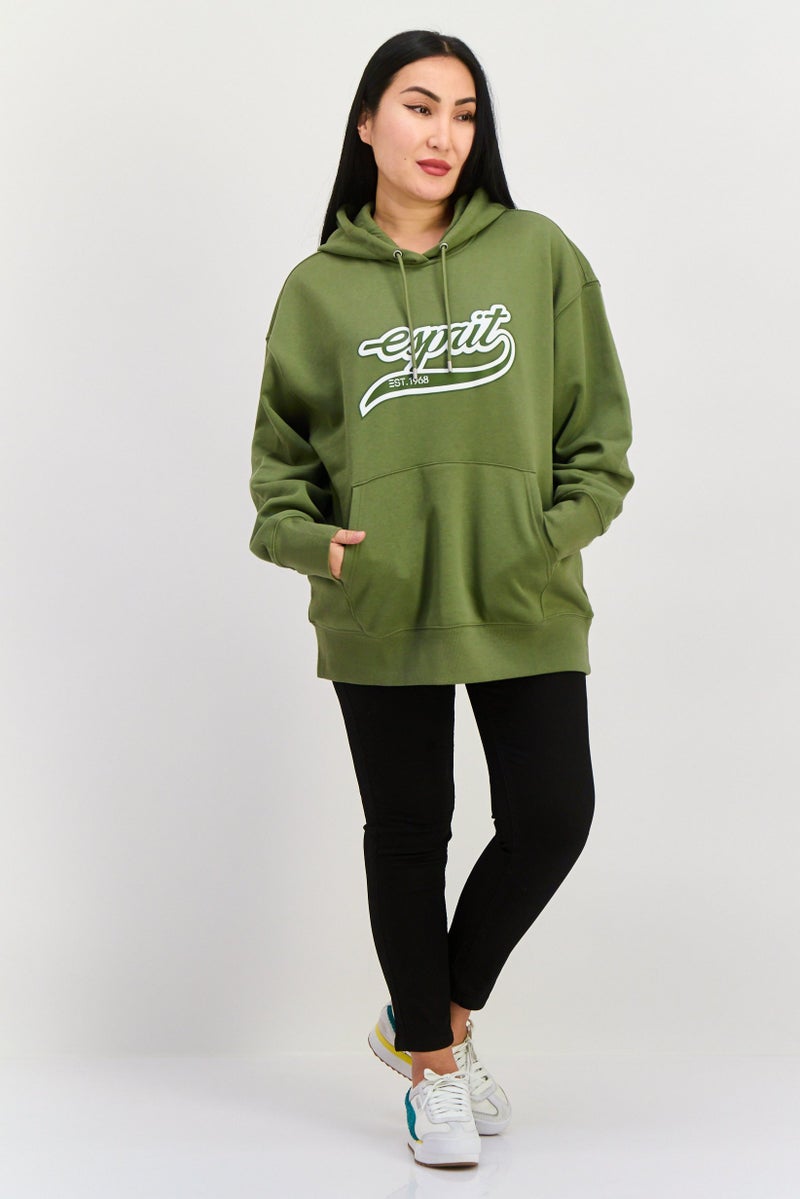 ESPRIT Women Brand Logo Long Sleeves Hoodie, Olive - Image 3