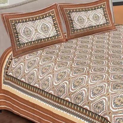 RIDDHI SIDDHI 144 TC Cotton Printed Jaipuri Bedsheet Double Bed with 2 Pillow Cover Brown  - Image 2