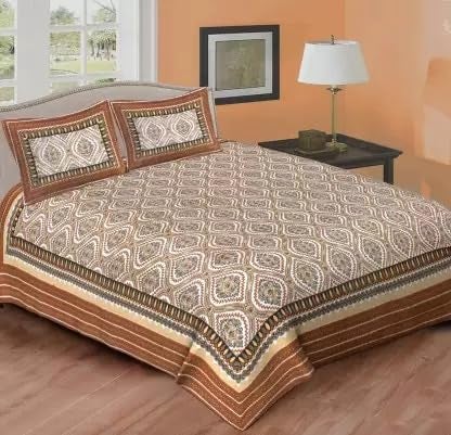 RIDDHI SIDDHI 144 TC Cotton Printed Jaipuri Bedsheet Double Bed with 2 Pillow Cover Brown  - Image 1