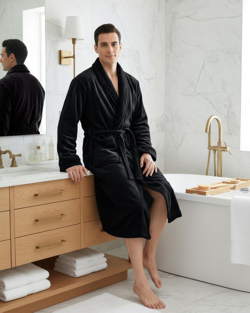 NY Threads Mens Robe, Luxury Plush Fleece Mens Bathrobe, Spa Bath Robe for Men, XX-Large-3X-Large, Black - Image 4
