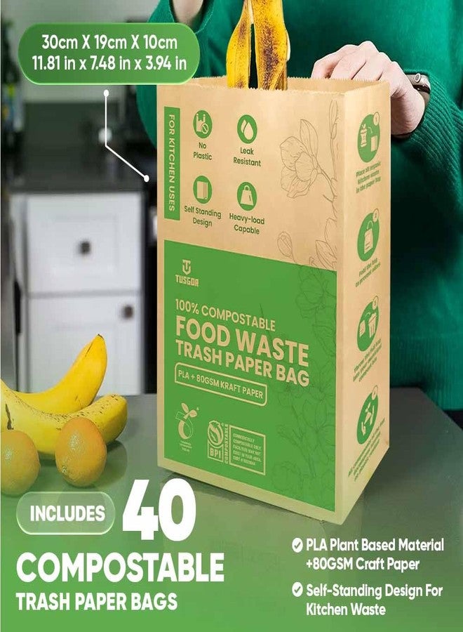 TUSGOR Kitchen Food Waste Bags – 40 bags – 100% Compostable Paper – Leak-resistant liner – Completely Plastic-free & Environmentally Friendly – Certified by BNQ & BPI - 40 Brown Paper Compostable Bags (40) - Image 2
