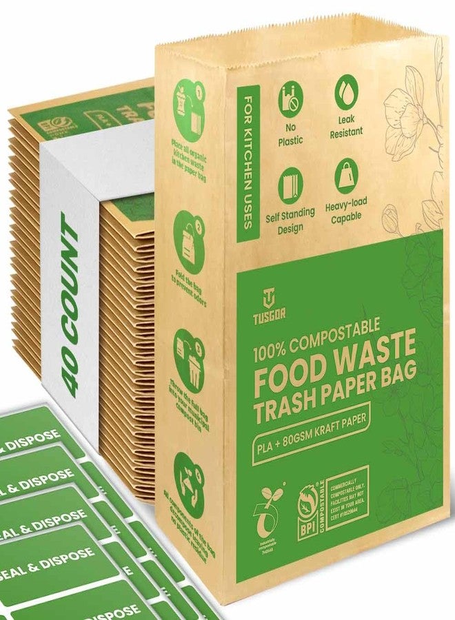 TUSGOR Kitchen Food Waste Bags – 40 bags – 100% Compostable Paper – Leak-resistant liner – Completely Plastic-free & Environmentally Friendly – Certified by BNQ & BPI - 40 Brown Paper Compostable Bags (40) - Image 1