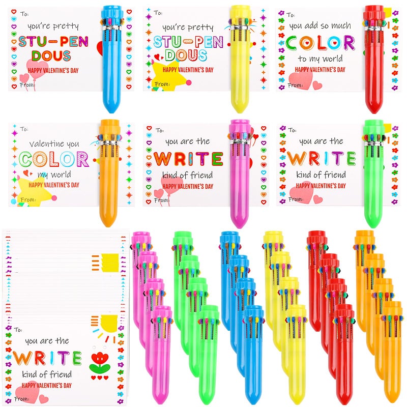 LOAVER 24 Set Valentines Day Multicolor Ballpoint Pens with Gift Cards,10-in-1 Cute Retractable Pens Greeting Cards for Valentine's Day Party Gift Exchange Office School Supplies - Image 1