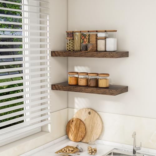RICHFOCUS 24Inch Floating Shelves for Wall 2 Pack Shelves for Bedroom|Kitchen|Bathroom Wall Mounted Rustic Wood Floating Shelf with Invisible Brackets for Books|Storage|Decor, Rustic Brown - Image 3