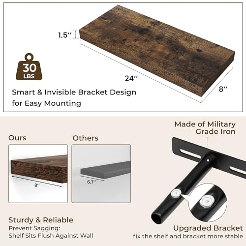RICHFOCUS 24Inch Floating Shelves for Wall 2 Pack Shelves for Bedroom|Kitchen|Bathroom Wall Mounted Rustic Wood Floating Shelf with Invisible Brackets for Books|Storage|Decor, Rustic Brown - Image 4