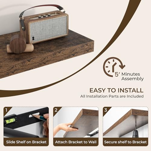 RICHFOCUS 24Inch Floating Shelves for Wall 2 Pack Shelves for Bedroom|Kitchen|Bathroom Wall Mounted Rustic Wood Floating Shelf with Invisible Brackets for Books|Storage|Decor, Rustic Brown - Image 5