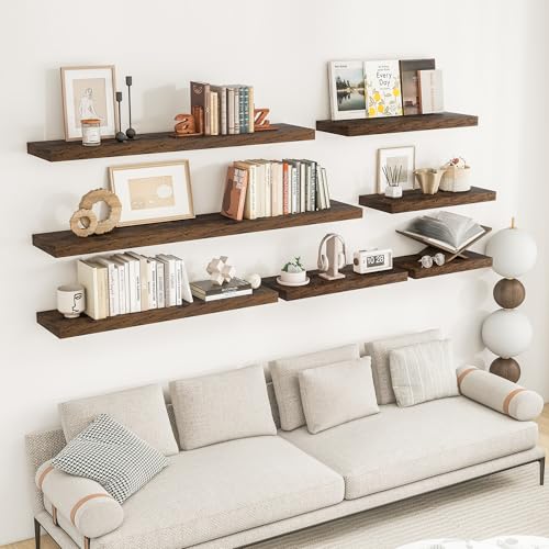 RICHFOCUS 24Inch Floating Shelves for Wall 2 Pack Shelves for Bedroom|Kitchen|Bathroom Wall Mounted Rustic Wood Floating Shelf with Invisible Brackets for Books|Storage|Decor, Rustic Brown - Image 2