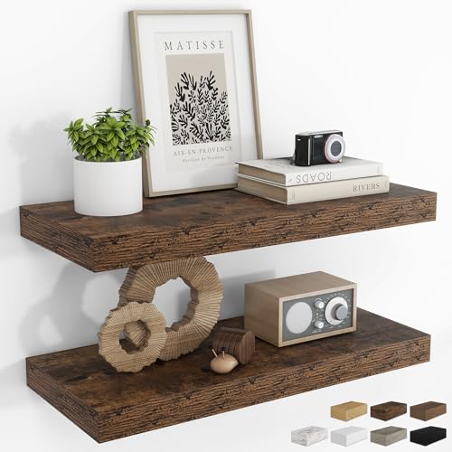 RICHFOCUS 24Inch Floating Shelves for Wall 2 Pack Shelves for Bedroom|Kitchen|Bathroom Wall Mounted Rustic Wood Floating Shelf with Invisible Brackets for Books|Storage|Decor, Rustic Brown - Image 1
