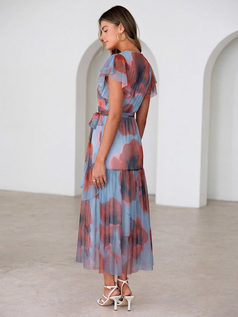 Simplee Womens Summer Floral Boho Maxi Dress 2026 Flutter Sleeve Print Ruffle Mesh Midi Vacation Wedding Guest Dress(Blue Red M) - Image 5