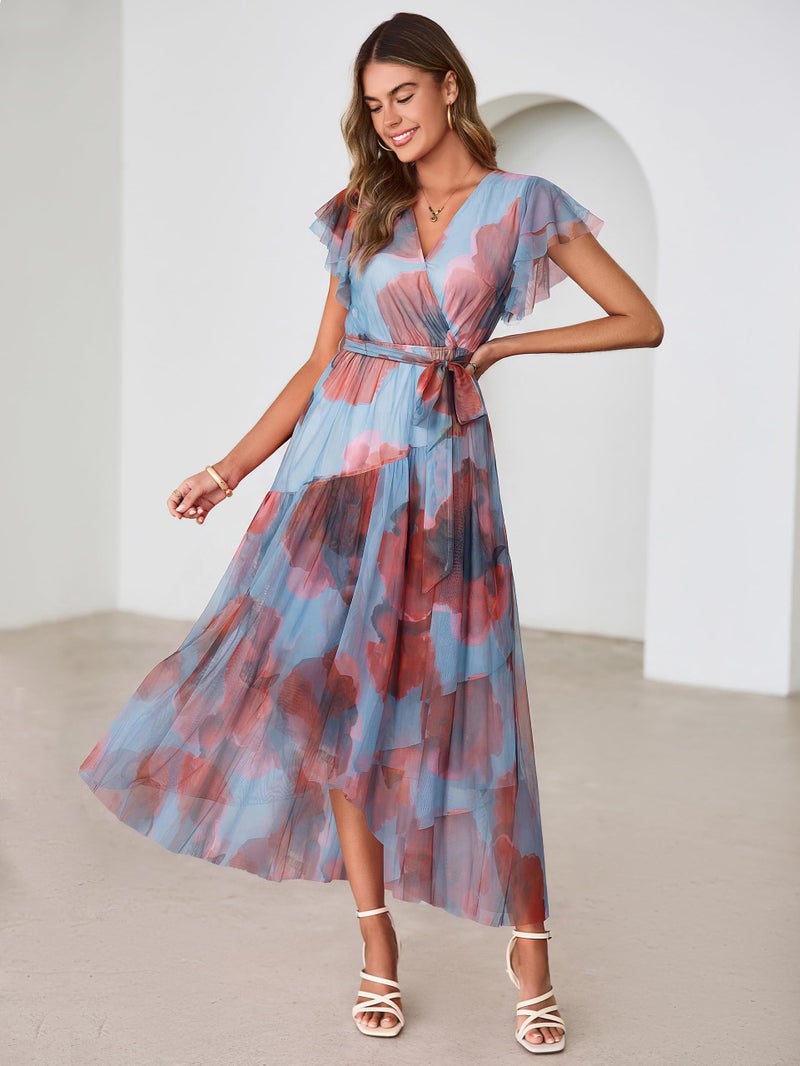 Simplee Womens Summer Floral Boho Maxi Dress 2026 Flutter Sleeve Print Ruffle Mesh Midi Vacation Wedding Guest Dress(Blue Red M) - Image 4