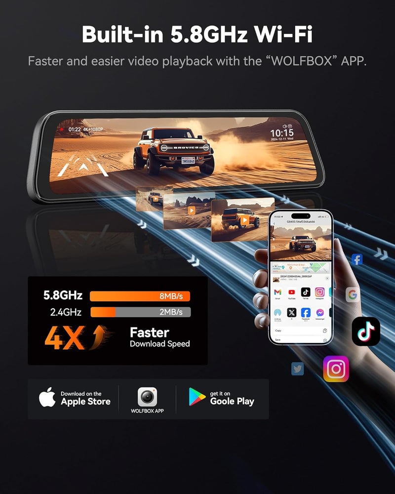 WOLFBOX G840S 12" 4K Mirror Dash Cam with Dual Cameras and GPS - Image 4