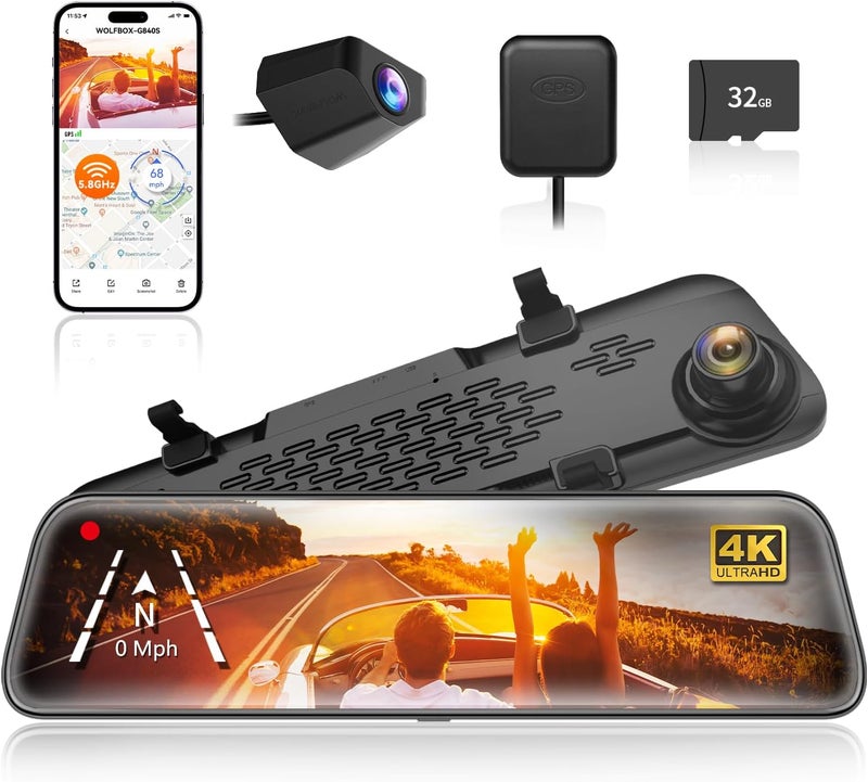 WOLFBOX G840S 12" 4K Mirror Dash Cam with Dual Cameras and GPS - Image 1