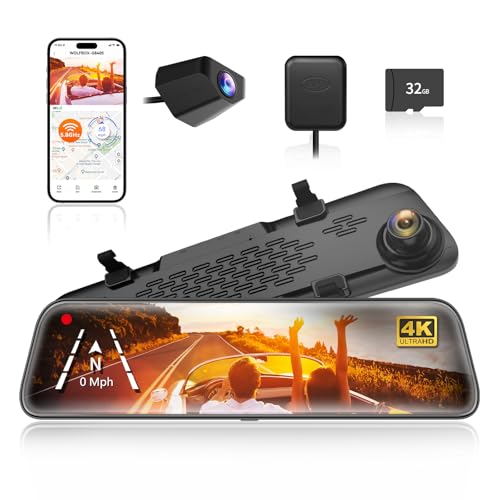 WOLFBOX G840S 12 4K Mirror Dash Cam Backup Camera 58GHz WiFi Smart Rearview Mirror for Cars Trucks Front and Rear View Dual Cameras Night Vision Parking Assistance Included 32GB Card GPS - Image 1