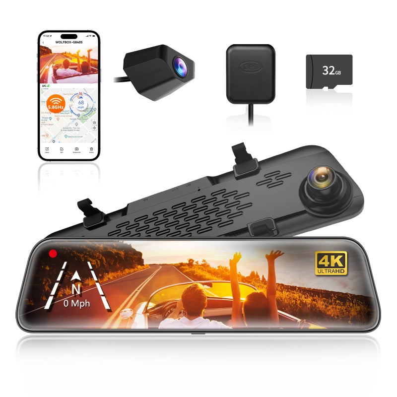 WOLFBOX G840S 12 4K Mirror Dash Cam Backup Camera 58GHz WiFi Smart Rearview Mirror for Cars Trucks Front and Rear View Dual Cameras Night Vision Parking Assistance Included 32GB Card GPS - Image 2