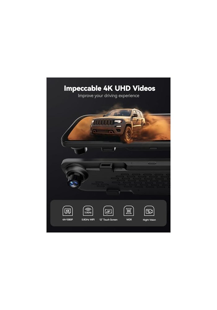 WOLFBOX كاميرا مرآة وولف بوكس G840S 12" 4K مع كاميرتين مزدوجتين ونظام GPS - Image 3