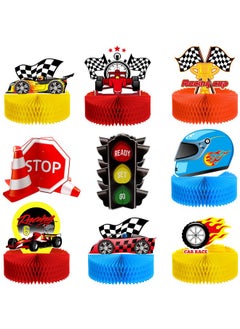Zonon 9 Piece Race Car Party Decorations Race Car Honeycomb Centerpiece Let'S Go Racing Theme Party Cake Ball Table Topper 3D Race Car Paper Centerpiece For Birthday Party Baby Shower Supplies  - Image 1