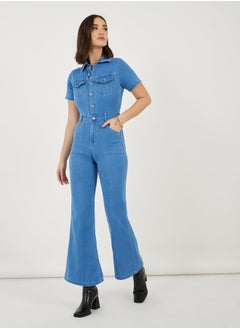Styli Button Front Detail Flared Denim Jumpsuit  - Image 1