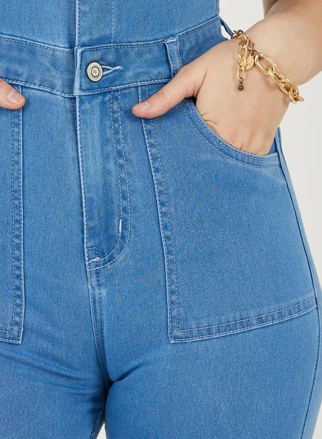 Styli Button Front Detail Flared Denim Jumpsuit