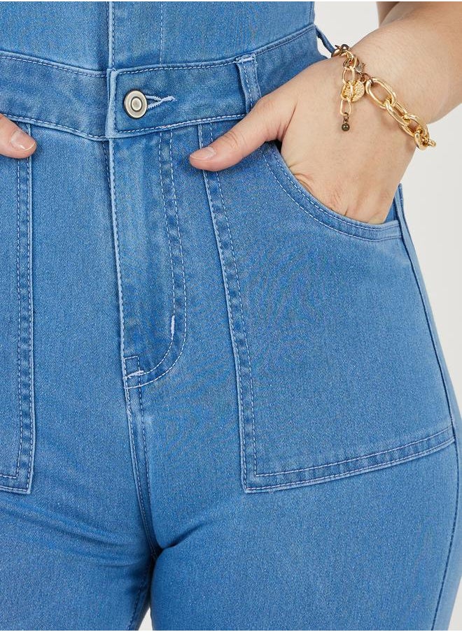 Styli Button Front Detail Flared Denim Jumpsuit  - Image 3