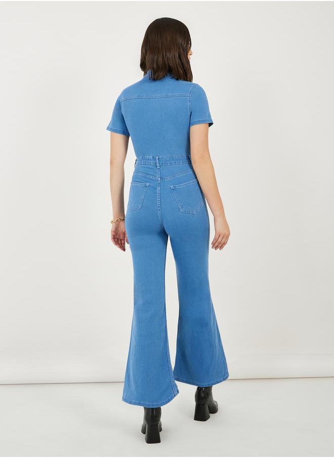 Styli Button Front Detail Flared Denim Jumpsuit  - Image 4