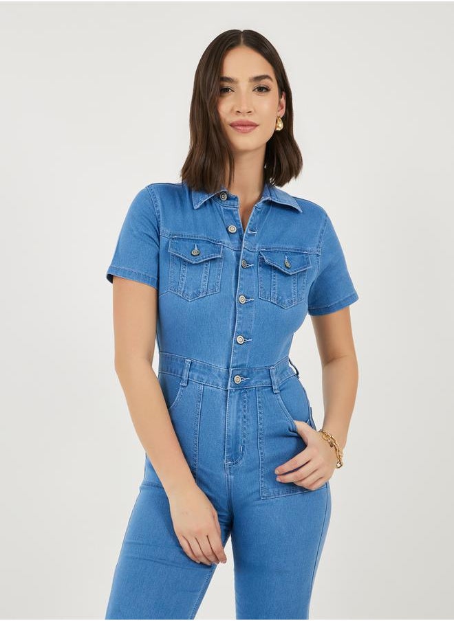 Styli Button Front Detail Flared Denim Jumpsuit  - Image 2