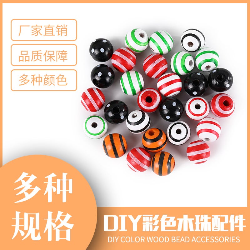 Sale 16Mm Lotus Round Beads Striped Polka Dot Printed Wooden Beads Children'S Beads Diy Jewelry Loose Beads Accessories - Image 2