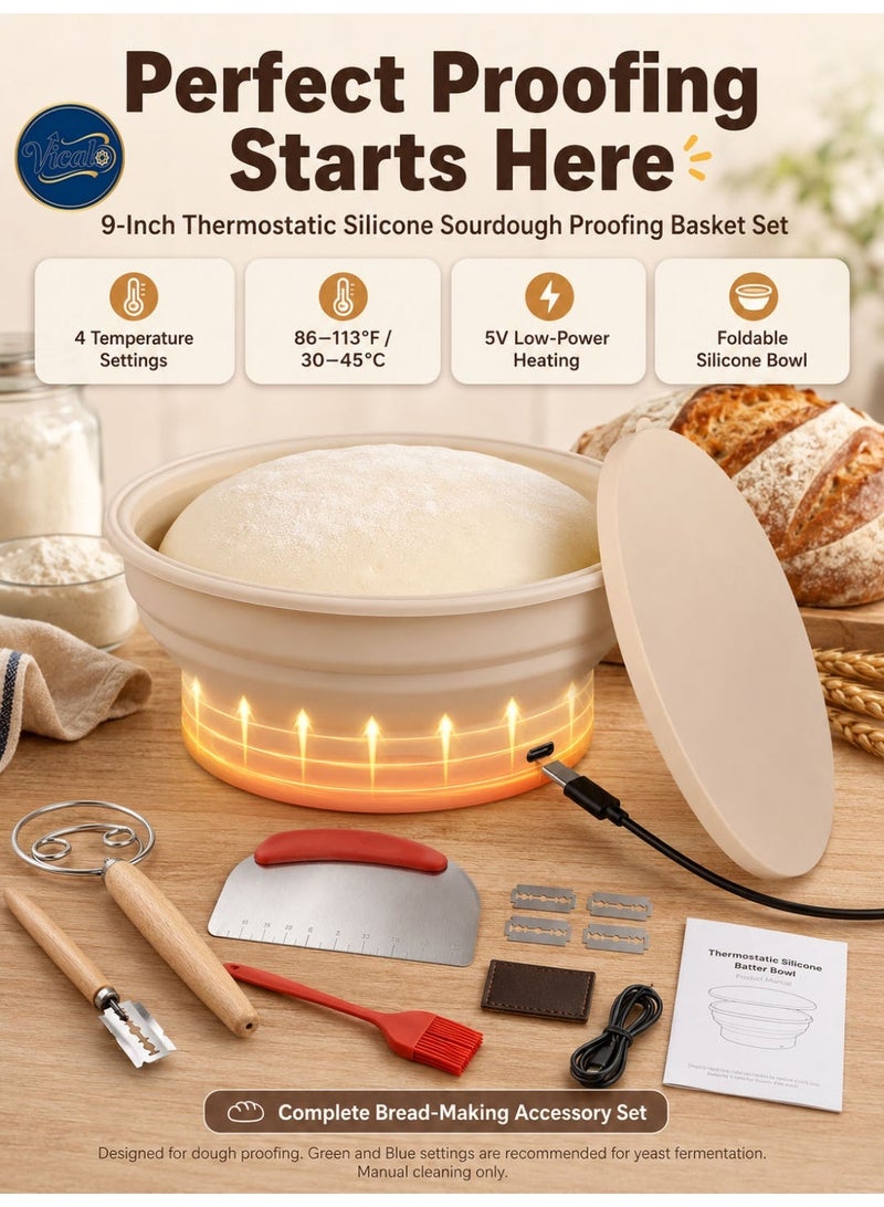 Vicalo Heated Sourdough Proofing Basket Set, 9-Inch Collapsible Silicone Dough Proofer with 4 Temperature Settings, Integrated 5V Heating Base, Lid & Bread-Making Tools - Image 1