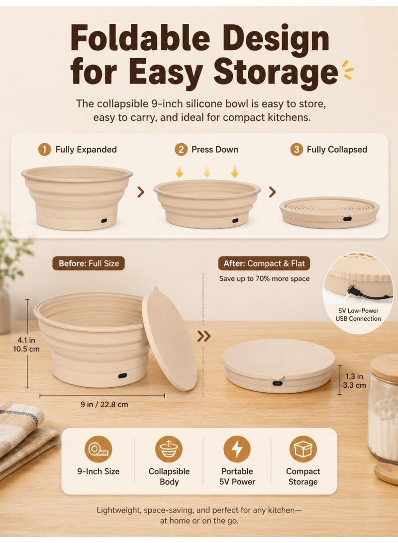 Vicalo Heated Sourdough Proofing Basket Set, 9-Inch Collapsible Silicone Dough Proofer with 4 Temperature Settings, Integrated 5V Heating Base, Lid & Bread-Making Tools - Image 4