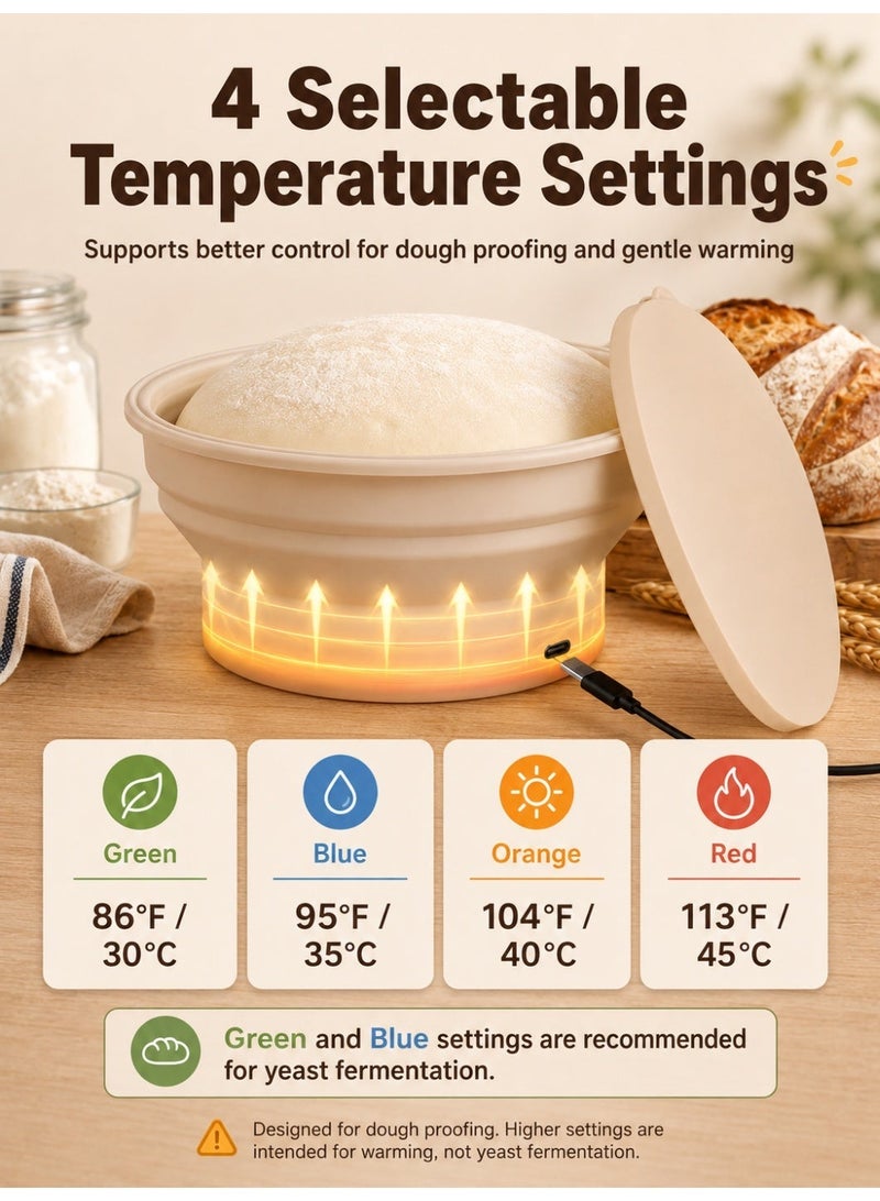 Vicalo Heated Sourdough Proofing Basket Set, 9-Inch Collapsible Silicone Dough Proofer with 4 Temperature Settings, Integrated 5V Heating Base, Lid & Bread-Making Tools - Image 2