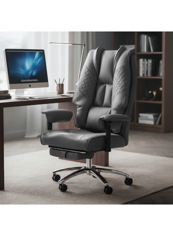 DROGO Monarch Pro Ergonomic Executive Office Chair for Work from Home, PU Leather Computer Chair for Study with High Back, Cushion Seat, Adjustable Armrest, Head & Lumbar Support | Gaming Chair with Footrest & Recline Grey - Image 1