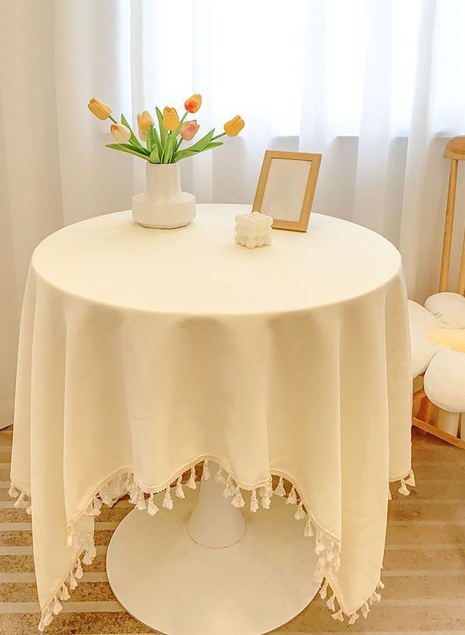 Hanayo Tablecloths for Round Tables Cotton Linen Tablecloth with Tassel Rustic Farmhouse Table Covers for Kitchen & Dining 90*90CM(Beige) - Image 2