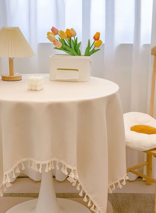 Hanayo Tablecloths for Round Tables Cotton Linen Tablecloth with Tassel Rustic Farmhouse Table Covers for Kitchen & Dining 90*90CM(Beige) - Image 3