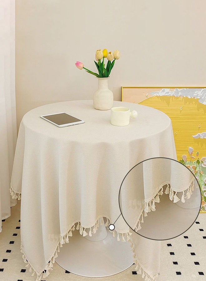 Hanayo Tablecloths for Round Tables Cotton Linen Tablecloth with Tassel Rustic Farmhouse Table Covers for Kitchen & Dining 90*90CM(Beige) - Image 5