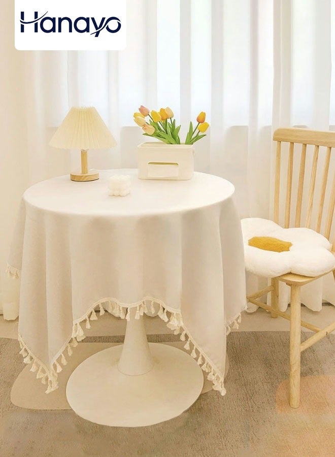 Hanayo Tablecloths for Round Tables Cotton Linen Tablecloth with Tassel Rustic Farmhouse Table Covers for Kitchen & Dining 90*90CM(Beige) - Image 1
