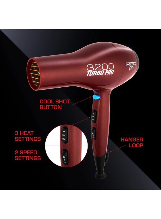 KISS RED PRO 3200 Turbo Pro Detangler AC Hair Dryer, 3 Heat/2 Speed Settings, Cool Shot Button, Powerful Airflow, 3 Additional Styling Attachments with Detangling Pik  - Image 3