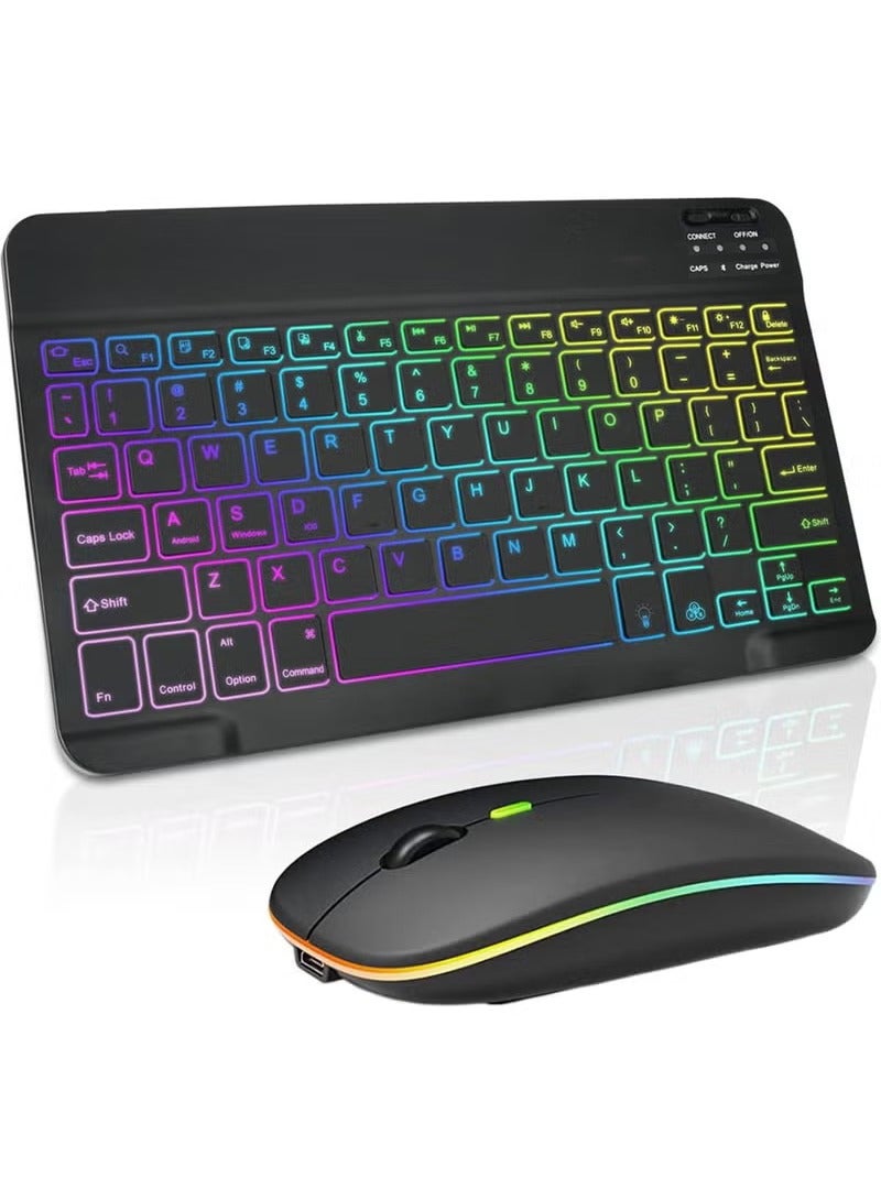 Rock Pow Ultra-slim Bluetooth Keyboard and Mouse Combo for iPad Rechargeable Wireless Keyboard & Mouse with 7-Color Backlit Compatible with iPad 9th/8th Gen iPad Pro/Air/Mini iPhone14/13/12 Pro