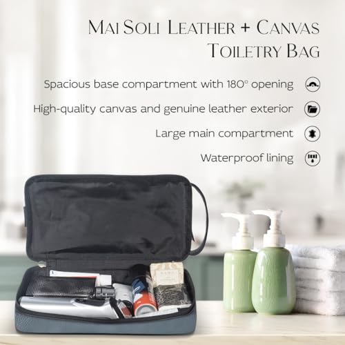 Mai Soli Genuine Leather Canvas Toiletry Bag for Men, Shaving Kit Bag, Portable Travel Organizer, Pouch for Travelling - Navy Brown - Image 2